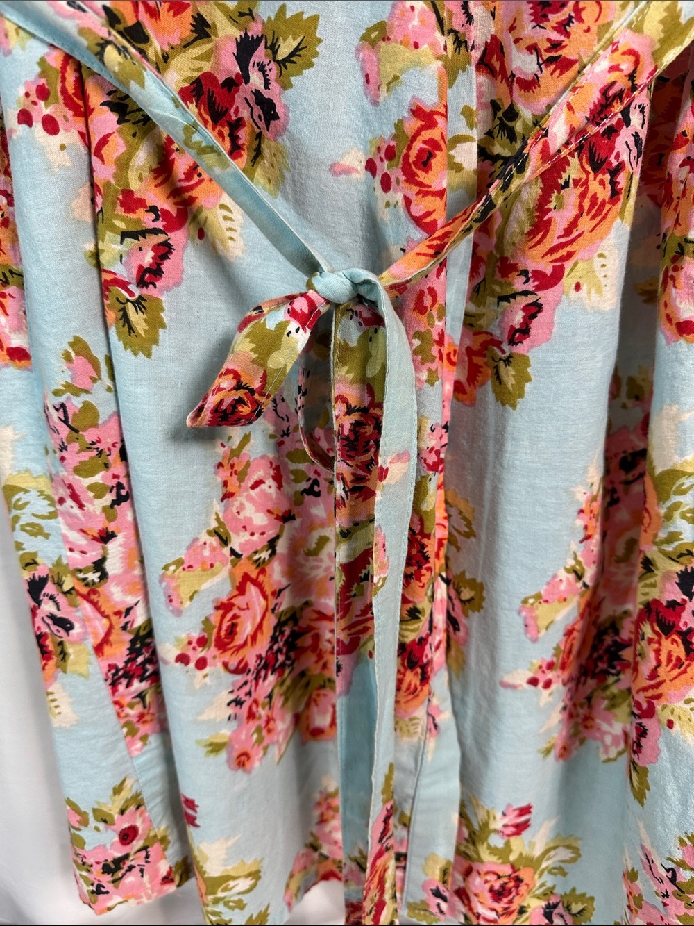 Floral Wrap Robe in Light Blue with Pink Roses - Women's Robe - Picture 4 of 5